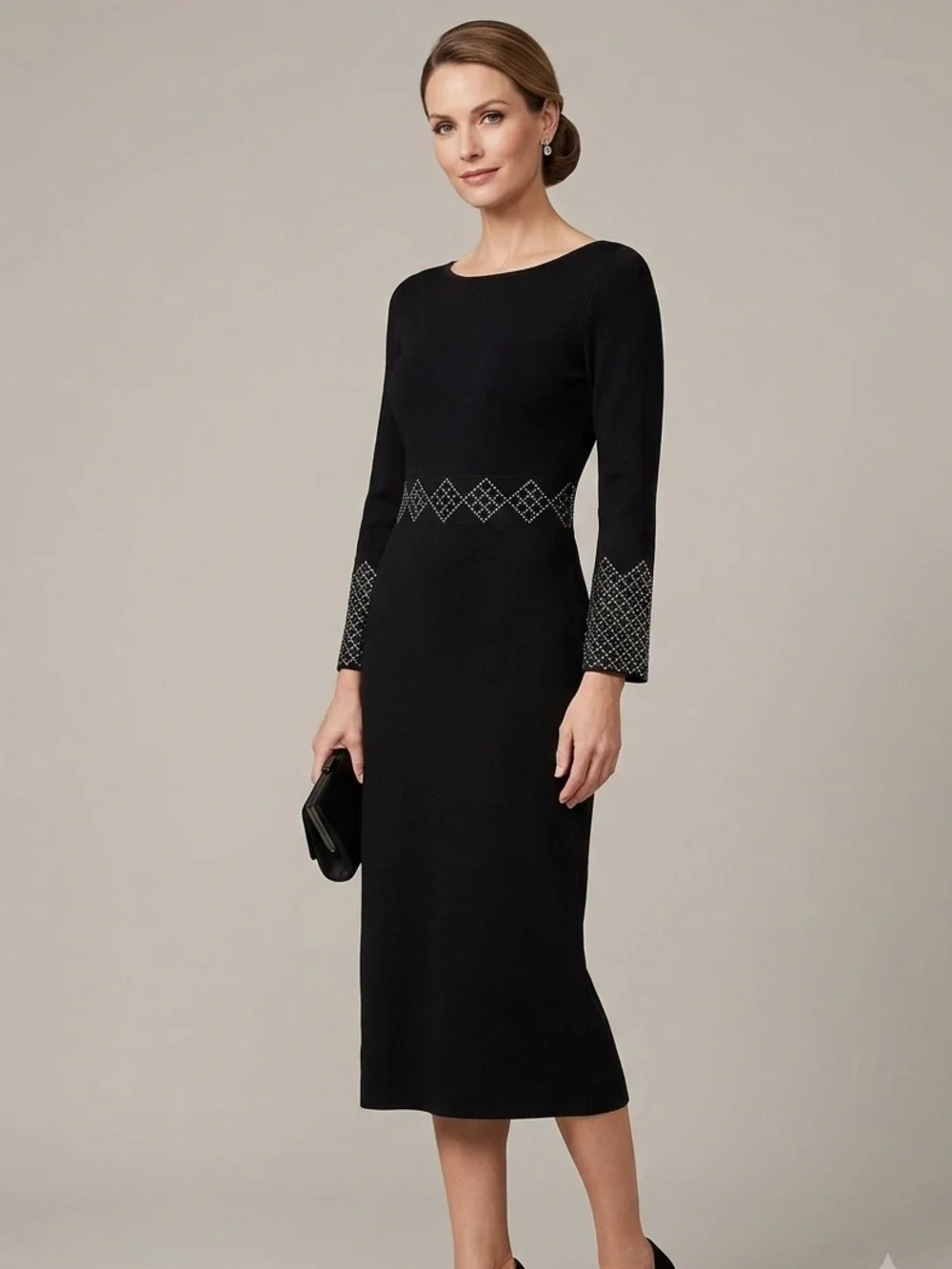 St. John Evening Black Santana Knit Dress Crystal Studded Cuff Waist Long Sleeve